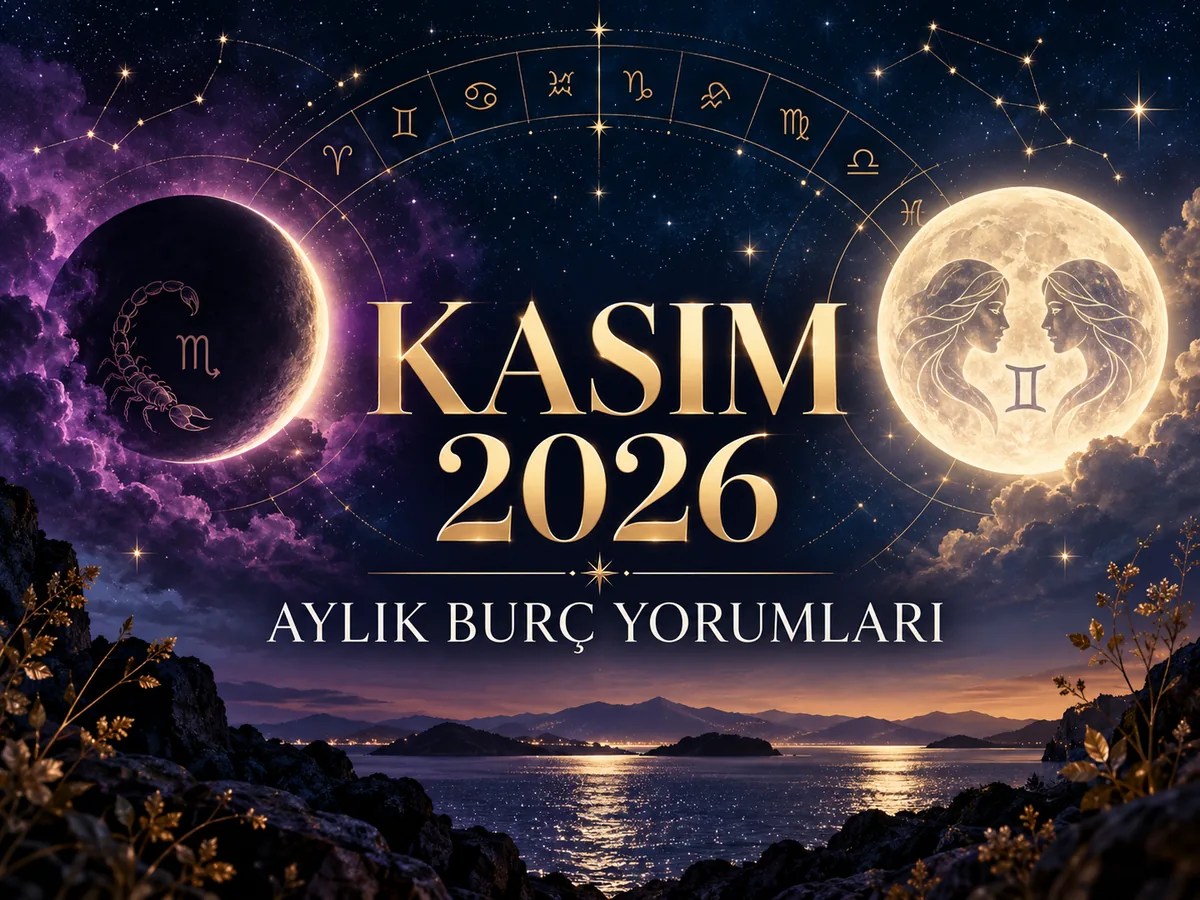 Kasım 2026 aylık burç yorumları için Akrep Yeniayı, İkizler Dolunayı ve yıldızlarla hazırlanmış astroloji kapak görseli