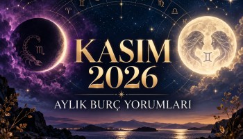 Kasım 2026 aylık burç yorumları için Akrep Yeniayı, İkizler Dolunayı ve yıldızlarla hazırlanmış astroloji kapak görseli