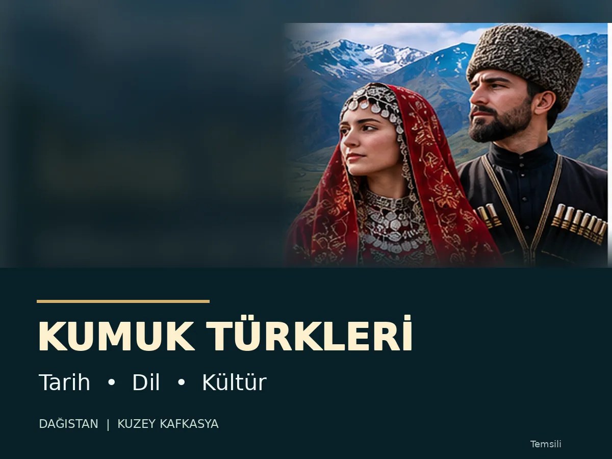 Kumuk Türkleri için Kafkas dağları önünde geleneksel giysili iki kişiyi gösteren temsili kapak, Kumuk Türkleri başlığı ve tarih, dil, kültür alt başlığı.