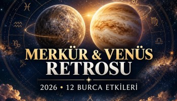 2026 Merkür ve Venüs retrosunun 12 burca etkilerini simgeleyen zodyak çemberi ve iki gezegenin yer aldığı kapak görseli