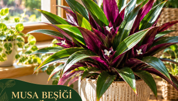 Yeşil üst yüzeyli, mor-bordo alt yüzeyli yaprakları ve küçük beyaz çiçekleriyle saksıda Musa Beşiği (Tradescantia spathacea) bitkisi.