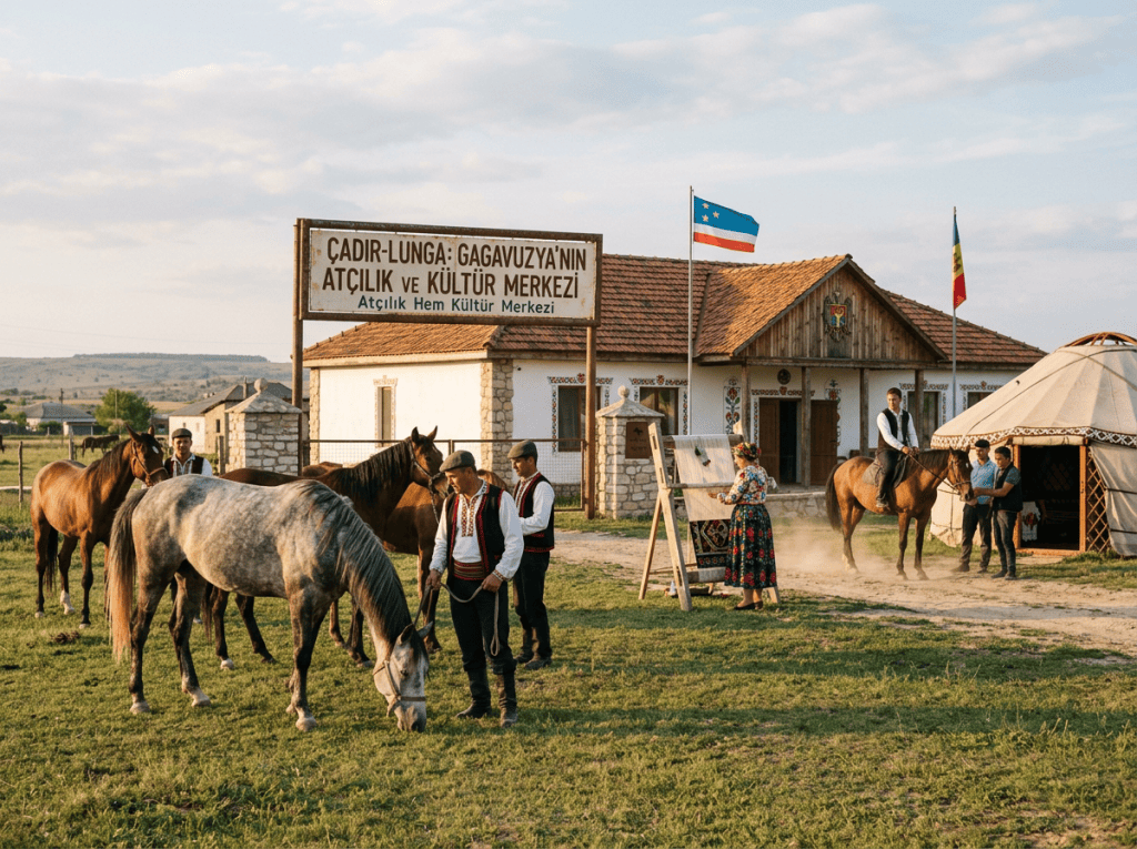 Sign reading “ÇADIR-LUNGA: GAGAVUZYA’NIN ATÇILIK VE KÜLTÜR MERKEZİ; Atçılık Hem Kültür Merkezi,” with horses and traditionally dressed people
