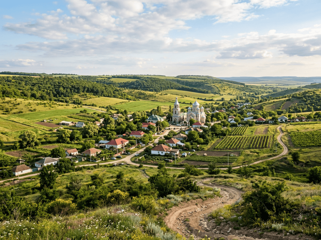 A rural village with an ornate church surrounded by fields and hills