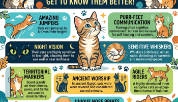 Infographic titled “Fascinating Facts About Cats: Get to Know Them Better!” covering jumping, purring, night vision, whiskers, territory marking, ancient Egyptian worship, balance, and unique nose prints.