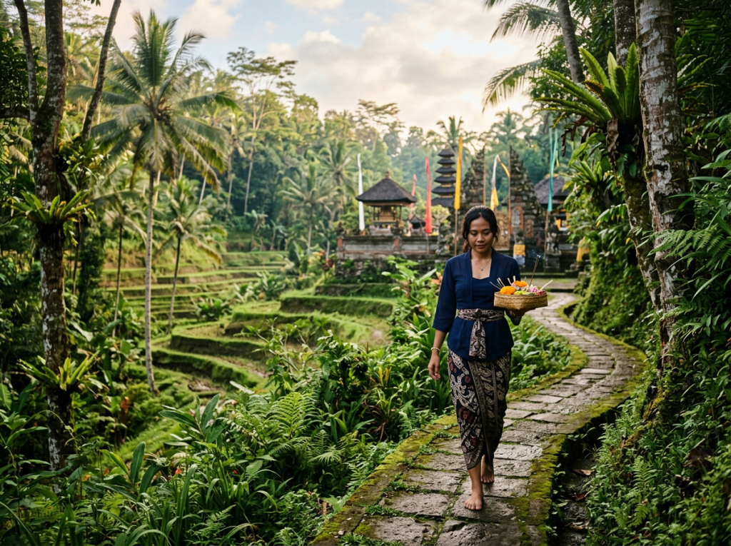 Woman carrying a flower offering along a path near a Balinese temple