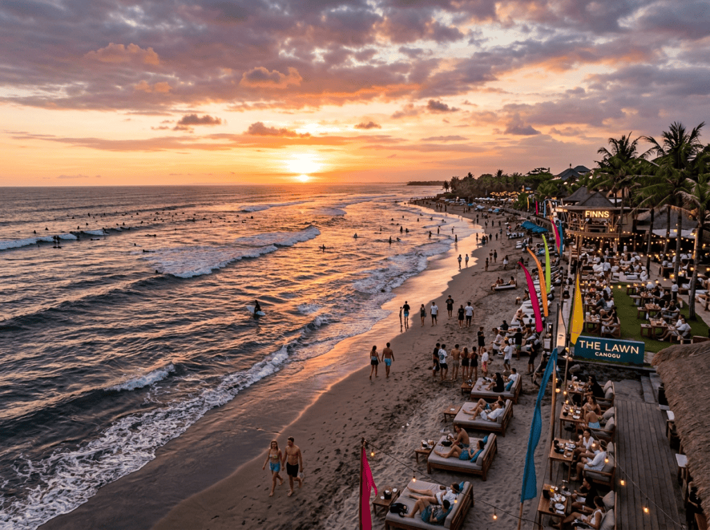 Sunset over a busy Bali beach with beachfront dining and surfers
