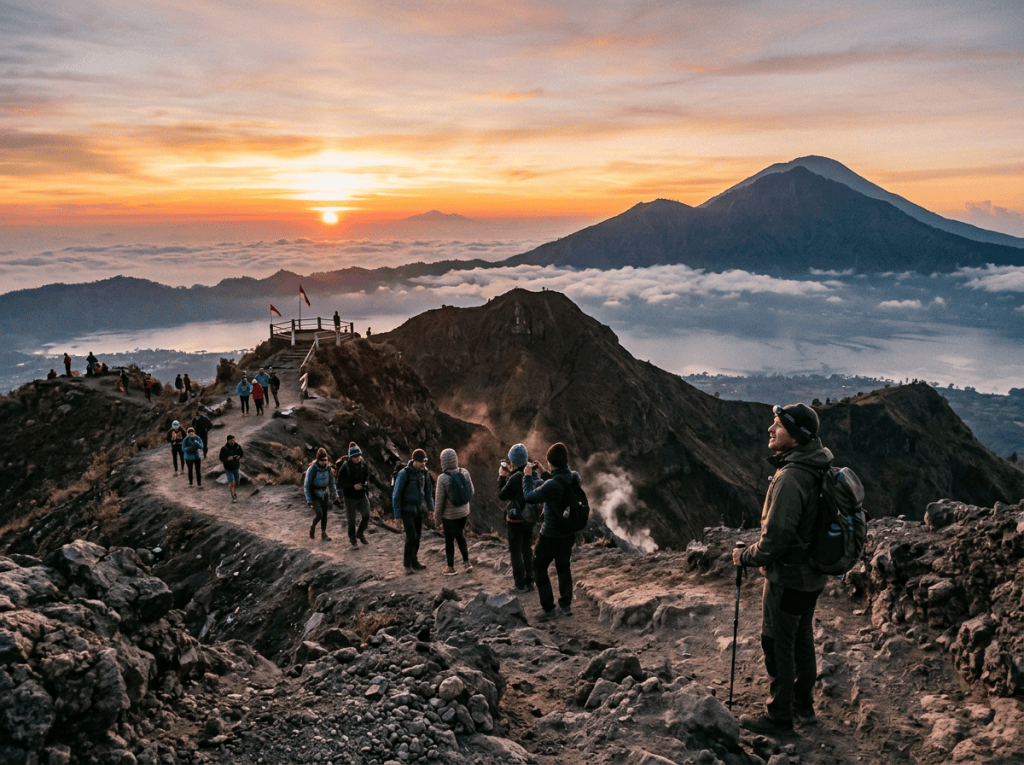 Hikers trekking along a volcanic ridge at sunrise above clouds