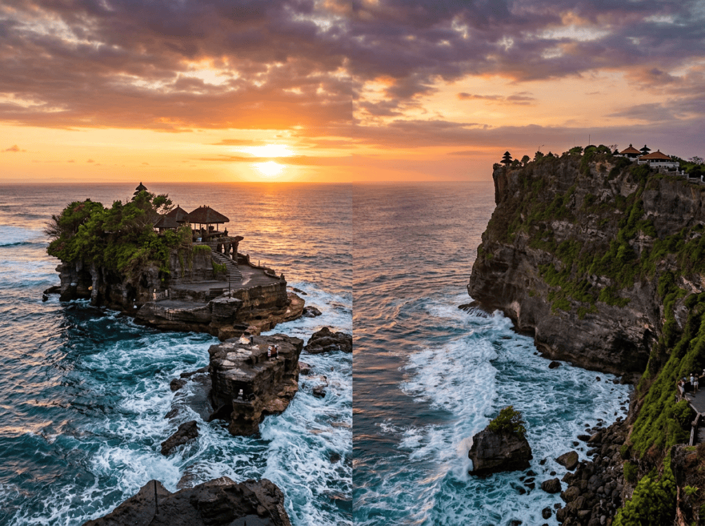Uluwatu Temple and sea cliffs above ocean waves at sunset