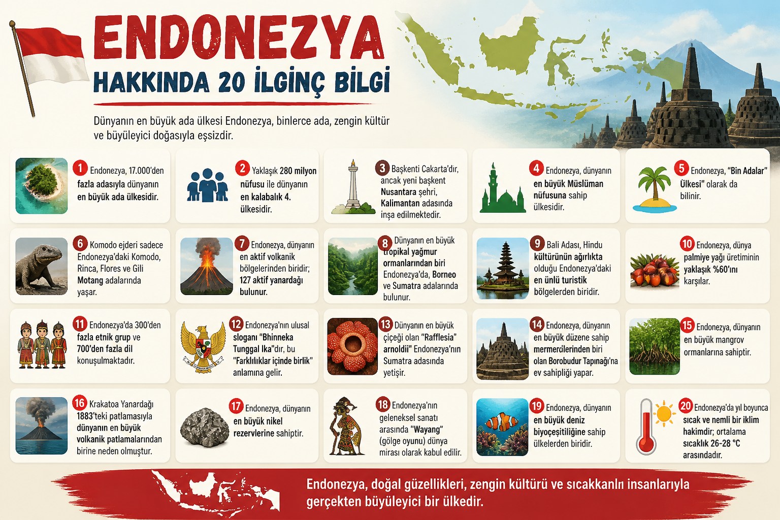 Endonezya hakkında 20 ilginç bilgiyi içeren Türkçe bilgi grafiği
