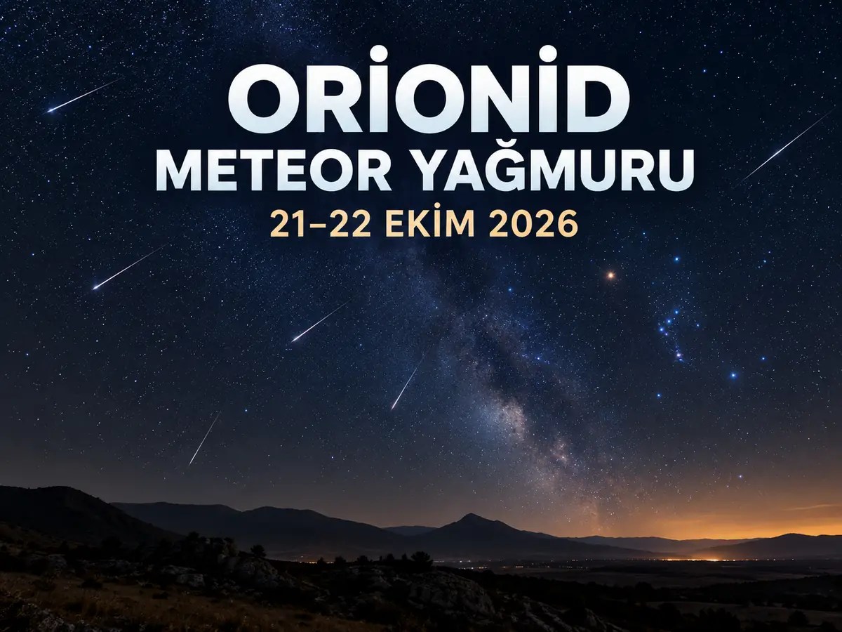 Orionid meteor yağmuru 21–22 Ekim 2026 tarihleri için yıldızlı gökyüzü üzerinde meteor izleri ve etkinlik başlığı bulunan temsili kapak görseli