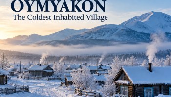 Illustrated winter landscape of Oymyakon in Siberia, with snow-covered homes and mountains
