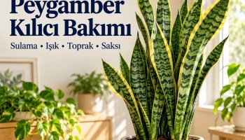 Aydınlık salonda saksıda yetişen alacalı Peygamber Kılıcı bitkisi; bakım, sulama, ışık ve toprak rehberi kapağı