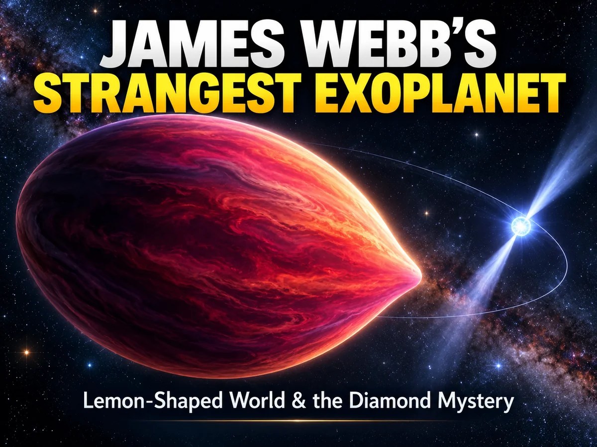 Artist's illustration of the lemon-shaped PSR J2322-2650b exoplanet orbiting a pulsar, inspired by James Webb observations