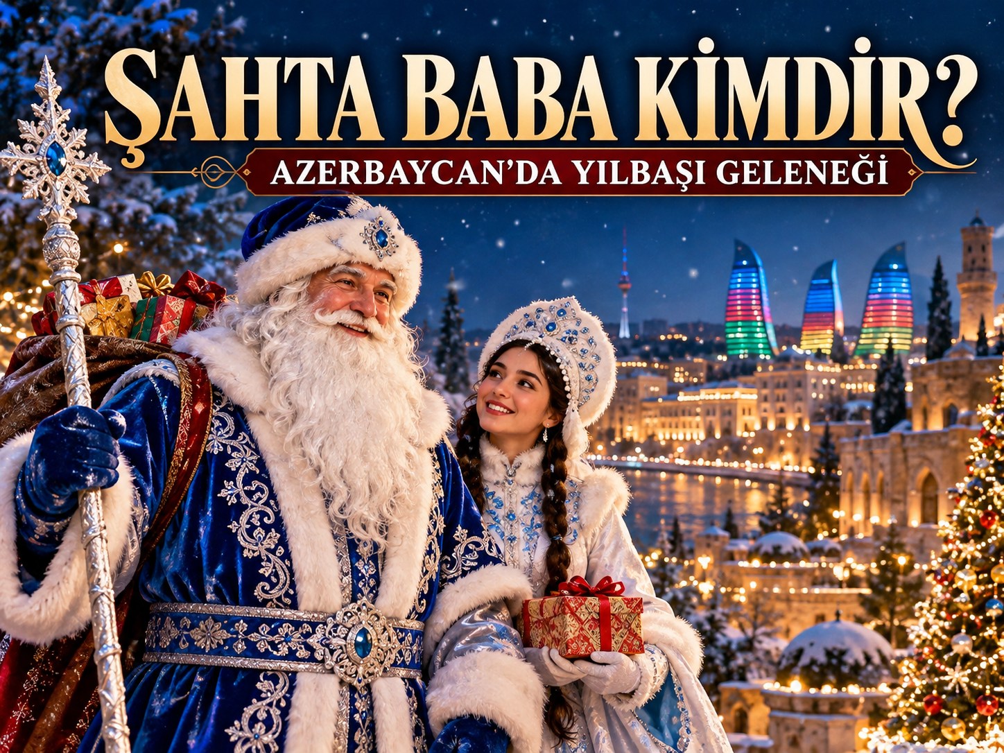 Şahta Baba ve Kar Kız'ın Bakü manzarası önünde tasvir edildiği Azerbaycan yeni yıl geleneği kapak görseli