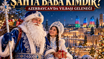 Şahta Baba ve Kar Kız'ın Bakü manzarası önünde tasvir edildiği Azerbaycan yeni yıl geleneği kapak görseli