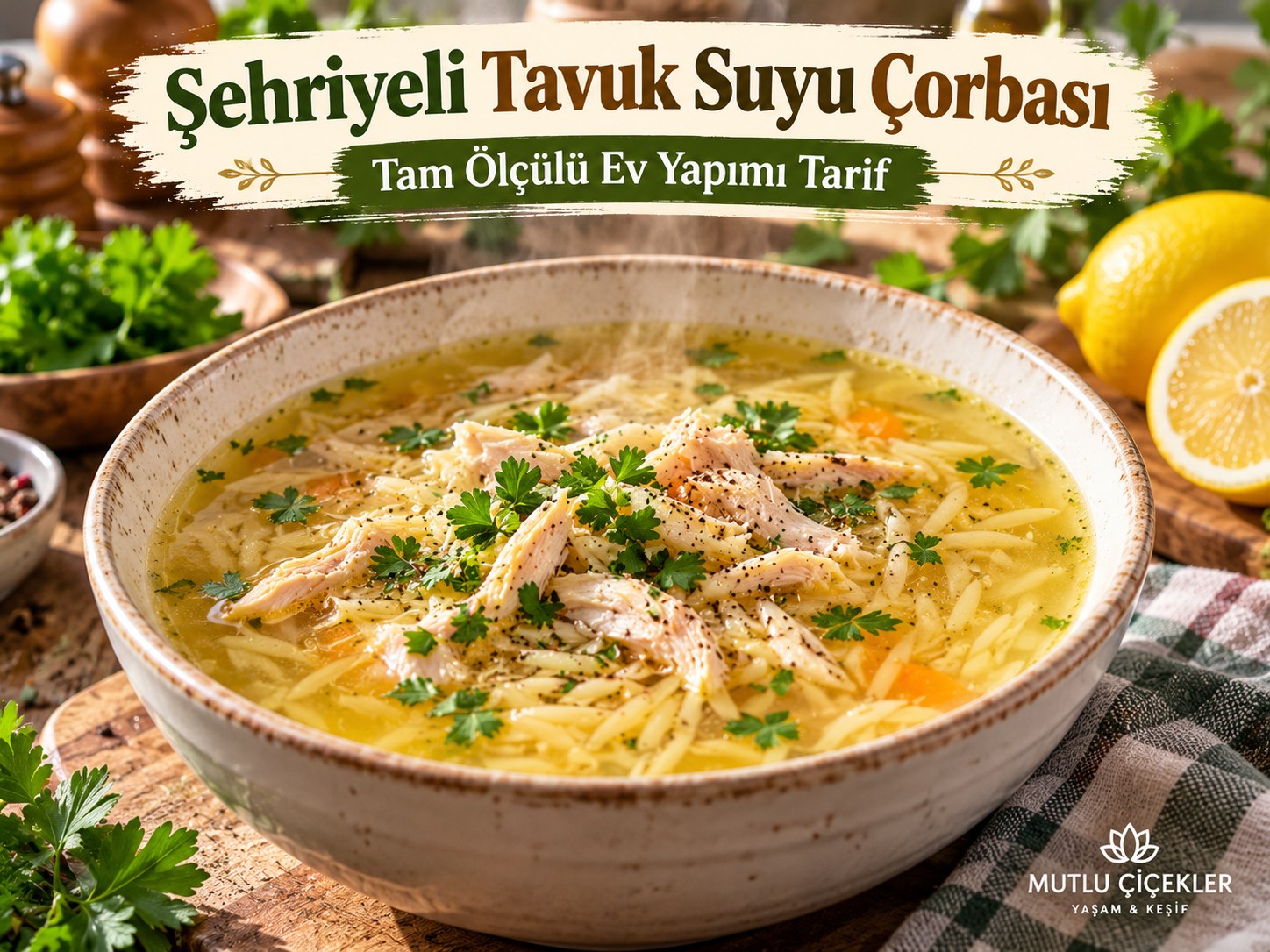 Tel şehriye ve didiklenmiş tavuk içeren altın renkli tavuk suyu çorbası; üzerinde şehriyeli tavuk suyu çorbası başlığı