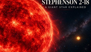 Illustrated red supergiant Stephenson 2-18 beside a tiny Sun-like star for scale, with an English cover headline; an artistic impression.
