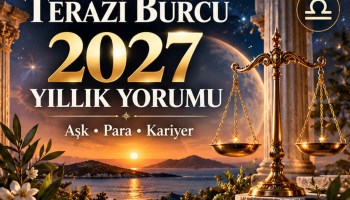 Terazi burcu simgesi, gün batımında altın terazi figürü ve Terazi Burcu 2027 Yıllık Yorumu yazılı kapak