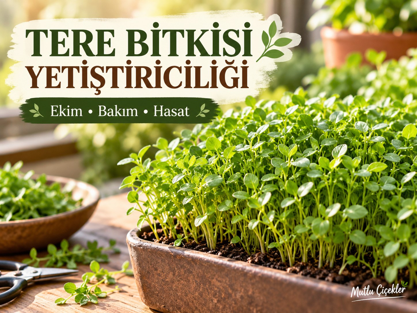 Tere yetiştiriciliği yazılı kapak: saksıda yetişen yeşil tere bitkisi, ekim bakım ve hasat