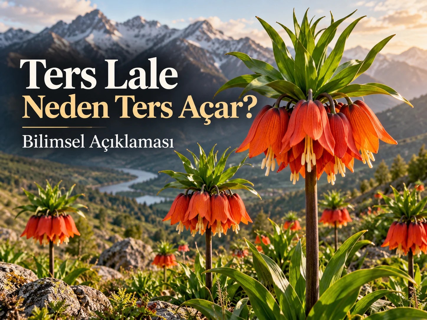 Turuncu çan biçimli çiçekleri aşağı sarkan ters lale (Fritillaria imperialis) bitkileri, dağ manzarası önünde
