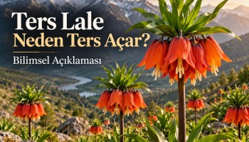 Turuncu çan biçimli çiçekleri aşağı sarkan ters lale (Fritillaria imperialis) bitkileri, dağ manzarası önünde