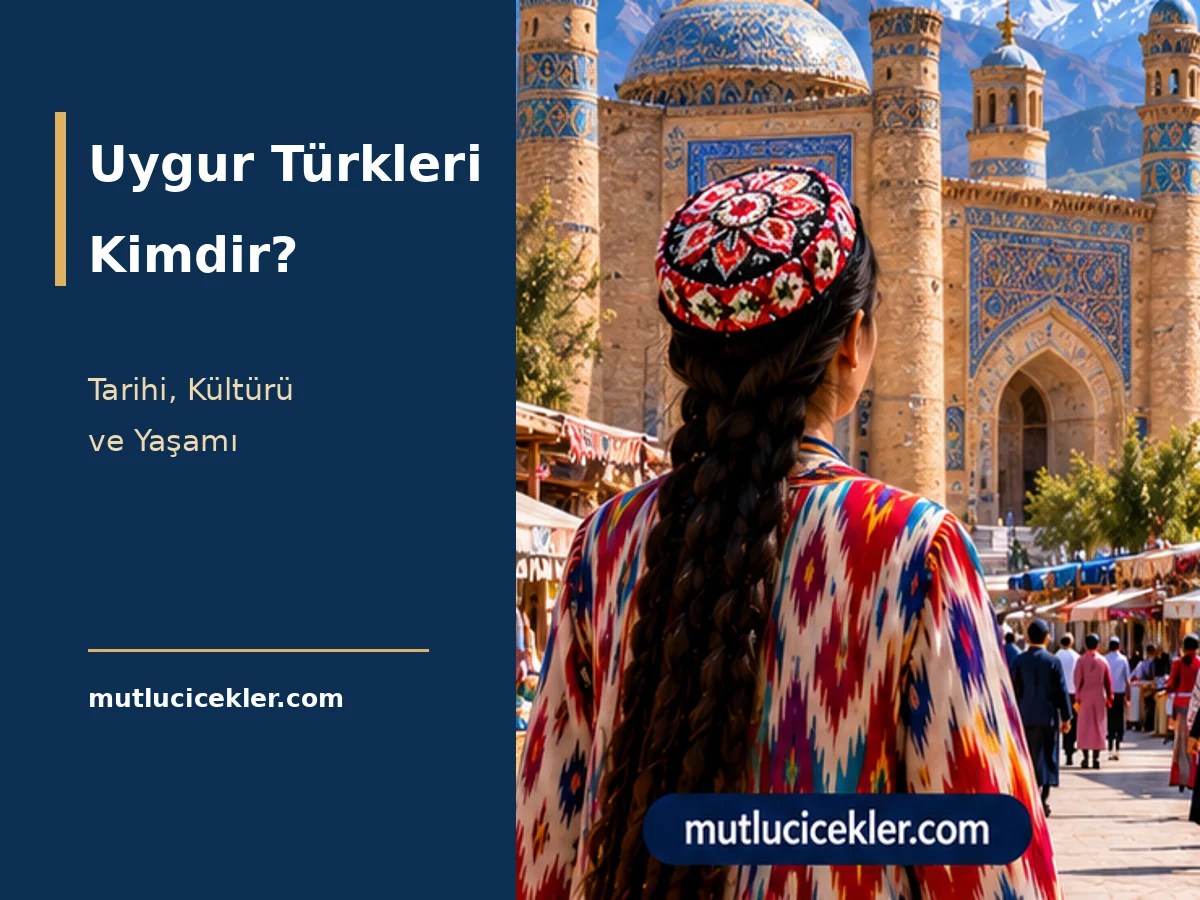 Uygur kültürünü temsilen geleneksel kıyafetli bir kişi ve Orta Asya mimarisi illüstrasyonu; Uygur Türkleri kimdir yazılı kapak