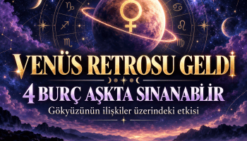 Venüs retrosu 2026 döneminde aşkta sınanabilecek dört burcu anlatan yazılı astroloji kapak görseli