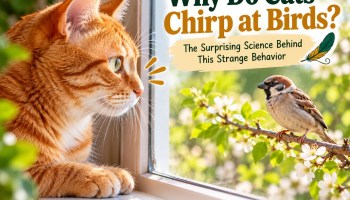 Orange tabby cat watching a sparrow through a window, with the heading Why Do Cats Chirp at Birds?