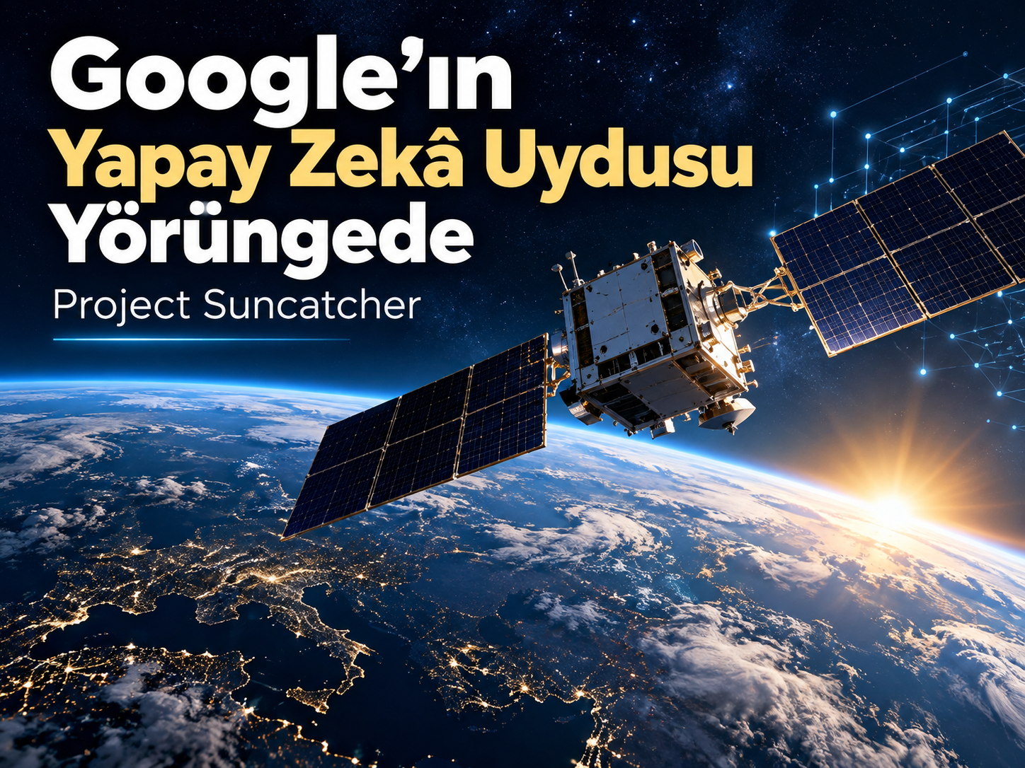 Google Project Suncatcher yapay zekâ uydusunu Dünya yörüngesinde gösteren haber görseli