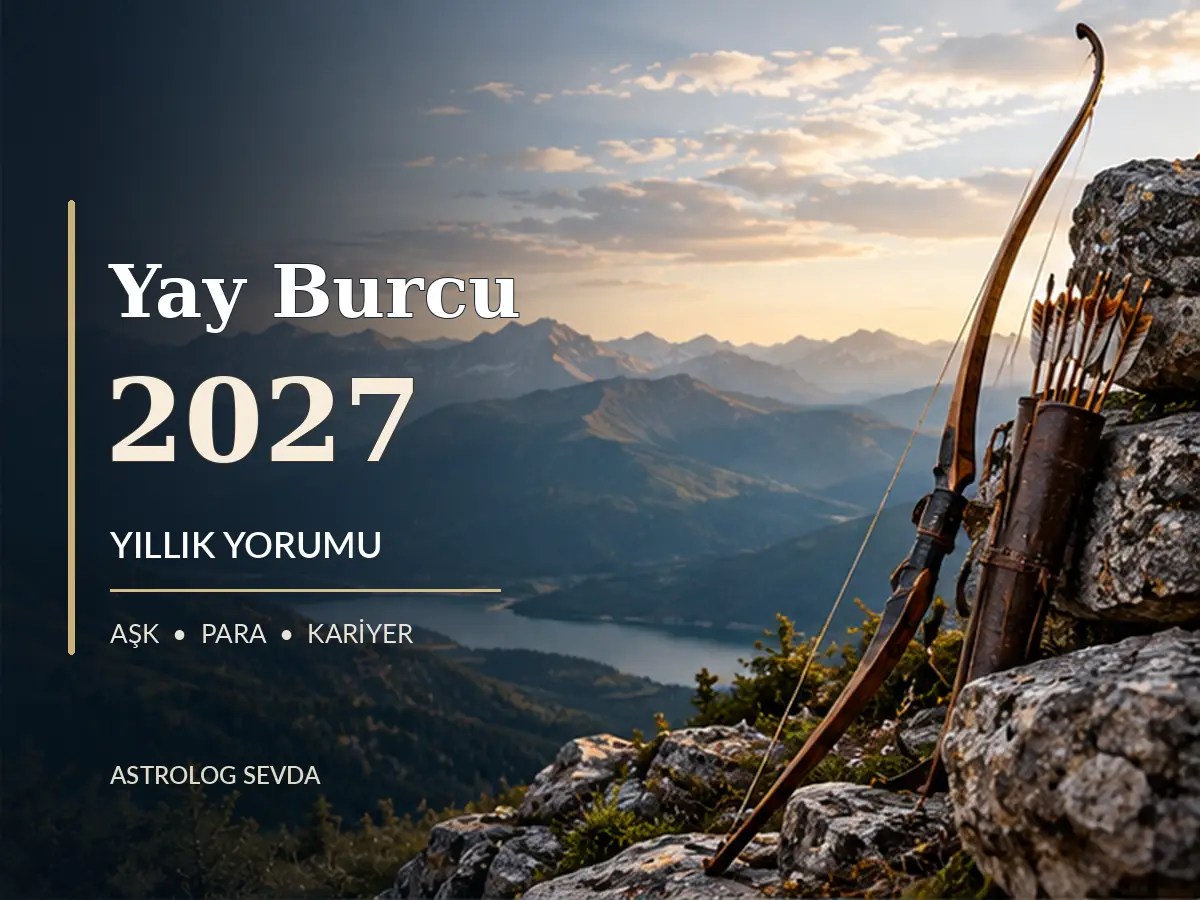 Yay Burcu 2027 Yıllık Yorumu, dağ manzarasında ok ve yay figürü, sade yazılı WebP kapak